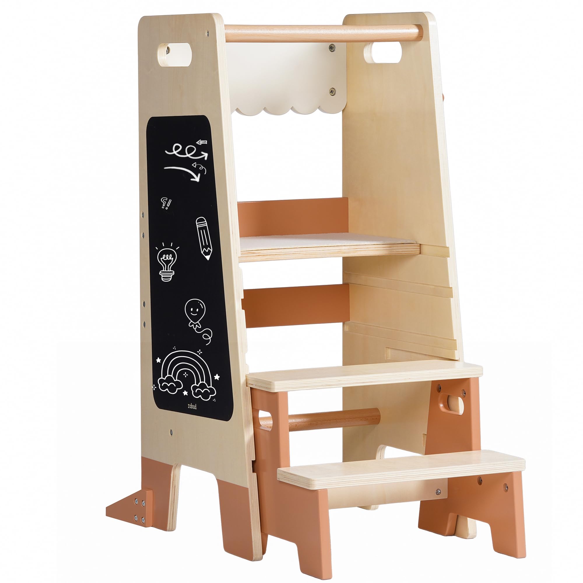 ROBUD Lernturm für Kleinkinder mit abnehmbarem Tritthocker, 2-in-1 Lernturm aus Holz mit Tafel, 3-Fach höhenverstellbar, Tritthocker für Kinder von 2-6 Jahren