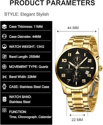 MEGALITH Armbanduhr Herren Chronograph Sport: Wasserdicht Edelstahl Analog Quarz - Militär Datum Schwarz Uhren für Männer