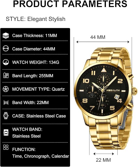 MEGALITH Armbanduhr Herren Chronograph Sport: Wasserdicht Edelstahl Analog Quarz - Militär Datum Schwarz Uhren für Männer