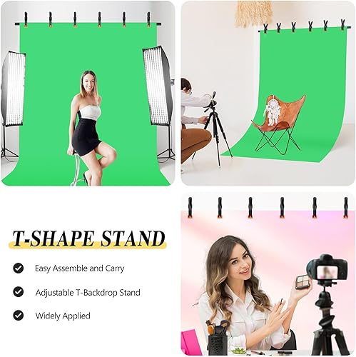 Miniatura 3 de Soporte para telón de fondo en forma de T de 8 x 5 pies, kit de soporte de fondo ajustable resistente para fotos verde con 6 abrazaderas de resorte