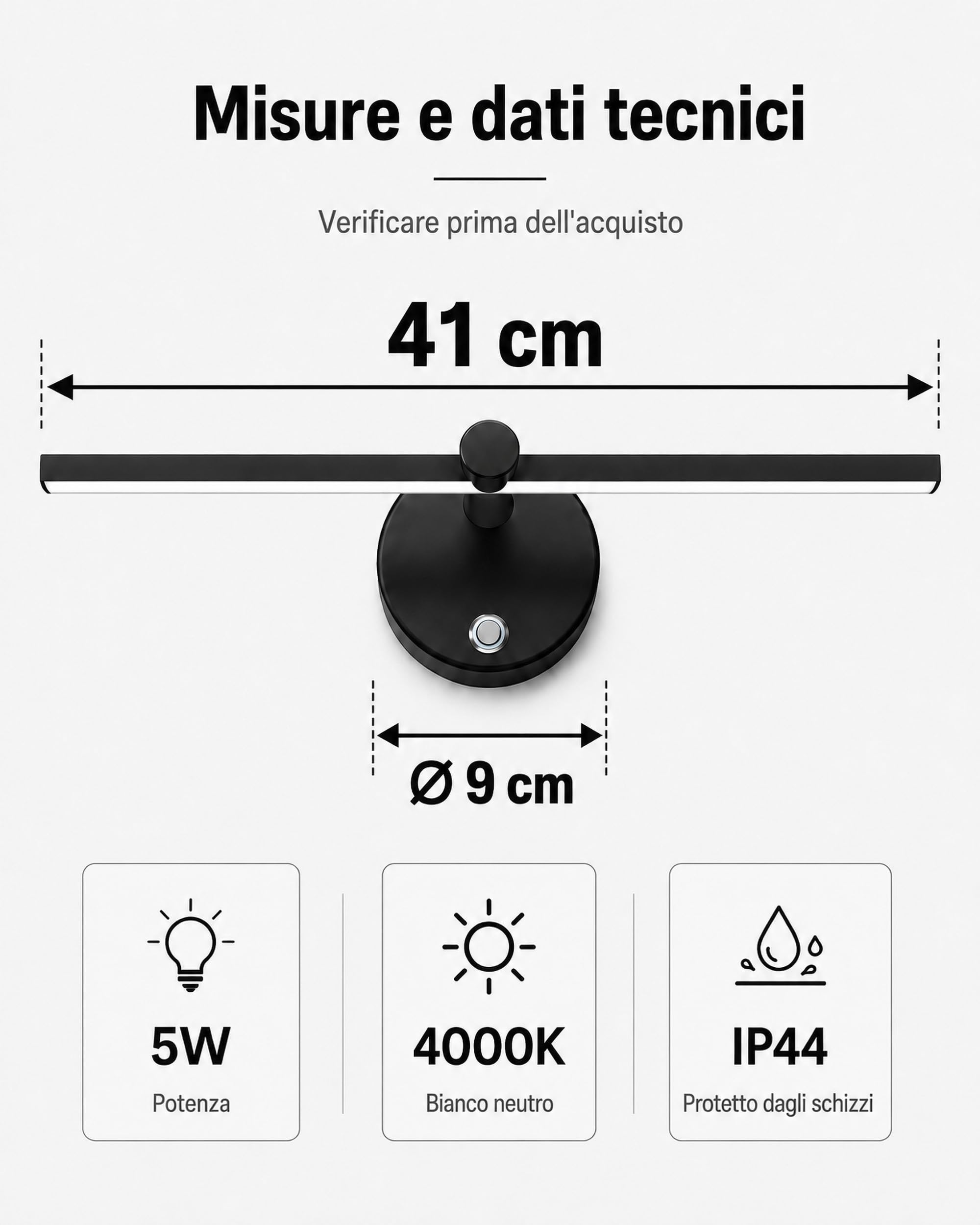 LANMOU Lampada Specchio Bagno, 41cm Luce Specchio Bagno LED con Interruttore, 600LM, 4000K Applique Dimmerabile Tocco, IP44, 300° Girevole, Nero