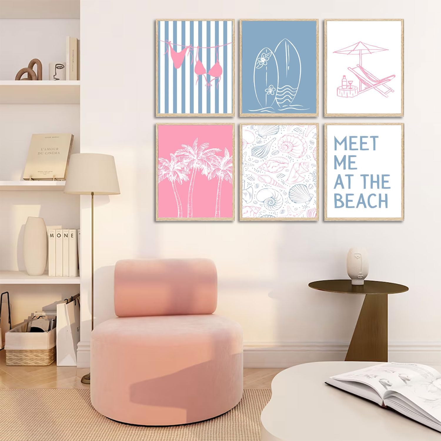 6Pcs Pink Blue Coastal Granddaughter Wall Art Summer Trendy Seashell Bikini Coquette Posters Prints Meet Me At The Beach Preppy Aesthetic Wall Decor Pictures for Girly Bedroom Decoration Unframed
