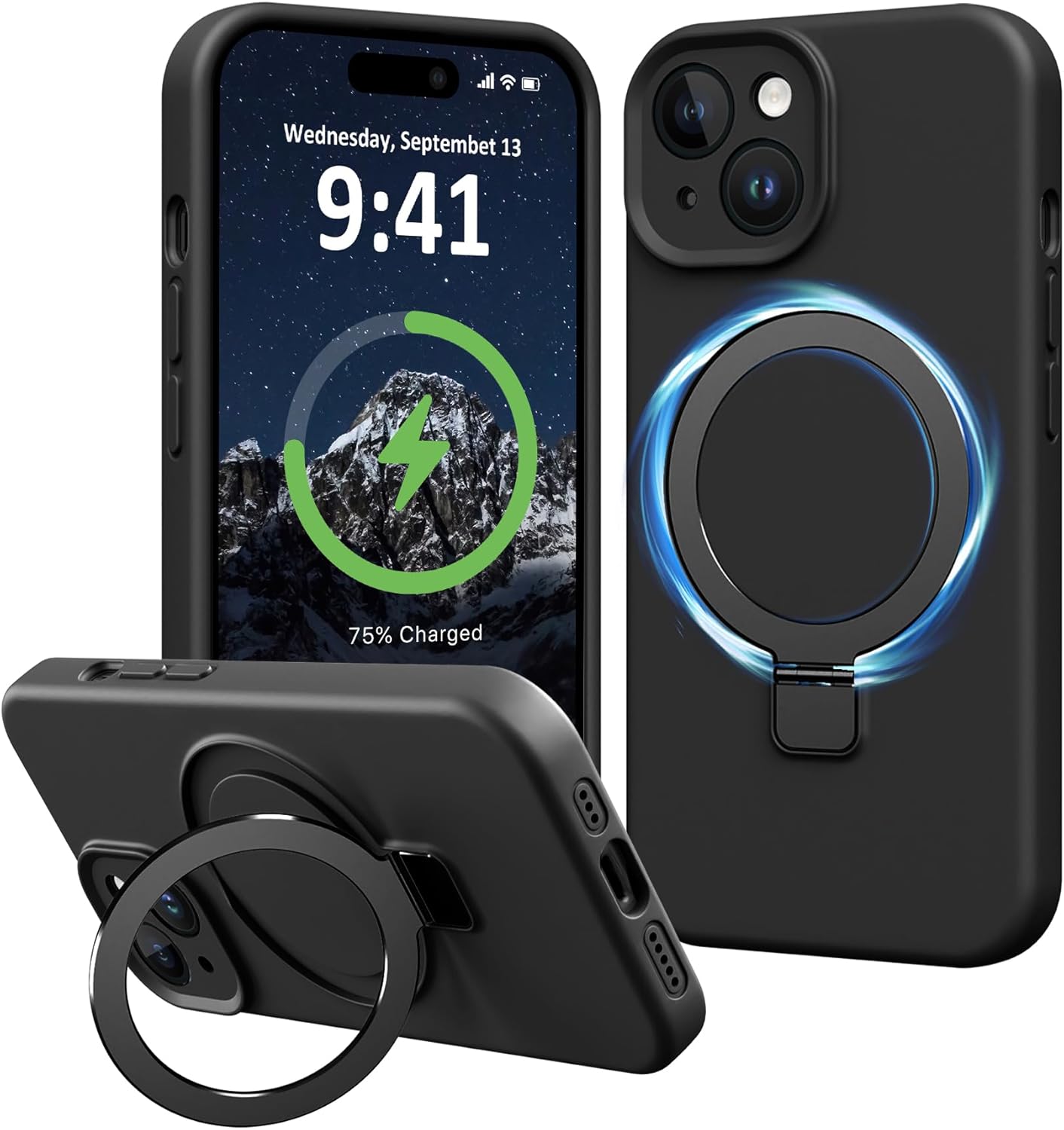 Compatible with iPhone 14 Case with Stand, Premium Slim Liquid Silicone Phone Cases for iPhone 14 6.1" Compatible with MagSafe Magnetic Ring Kickstand Case Full Camera Protection, Light Blue