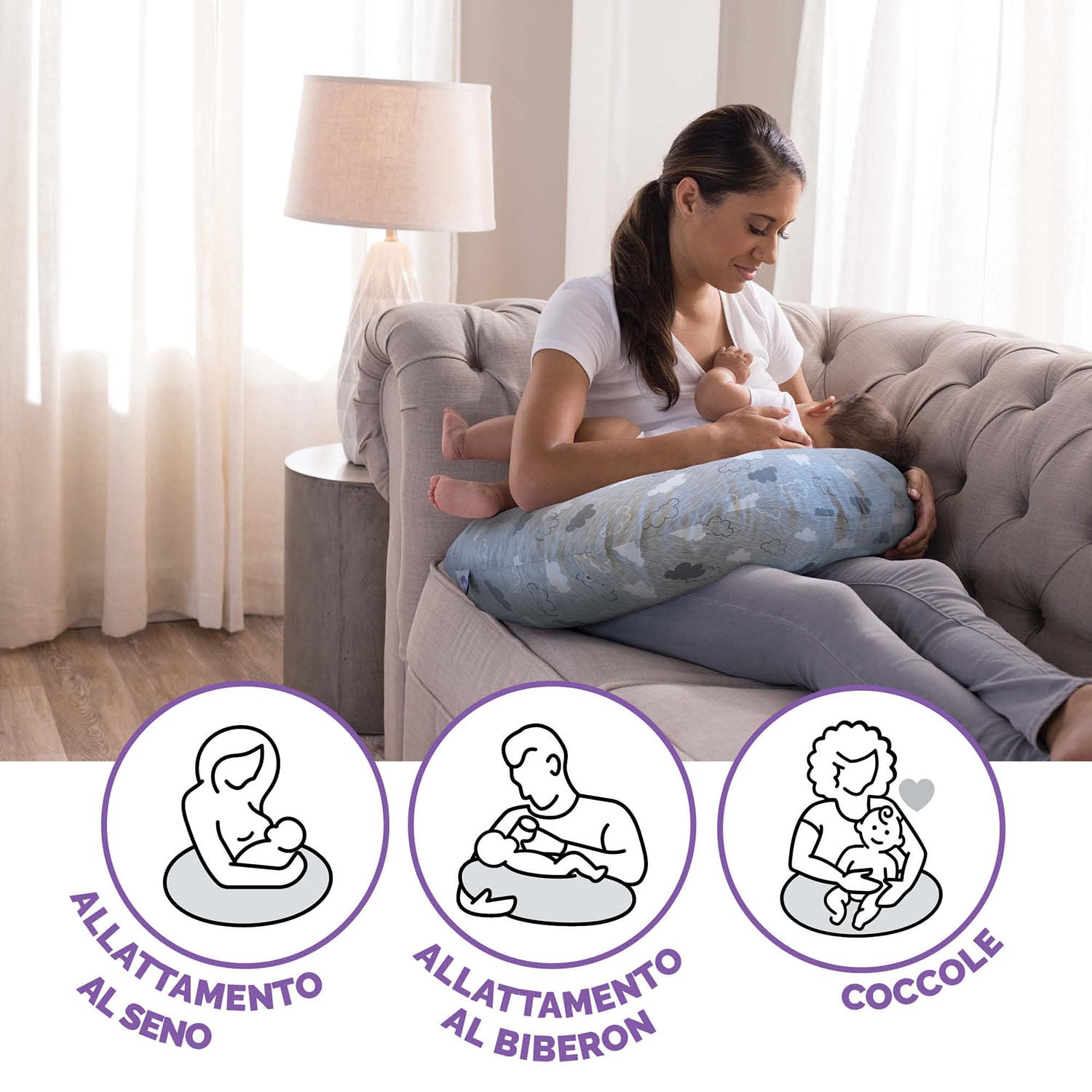 Boppy Cuscino Allattamento per Neonati 0+ Mesi, Forma Ergonomica con Supporto per Mamma e Bambino, Supporto Neonato per Allattamento al Seno e col Biberon, Lavabile in Lavatrice, Fantasia Clouds