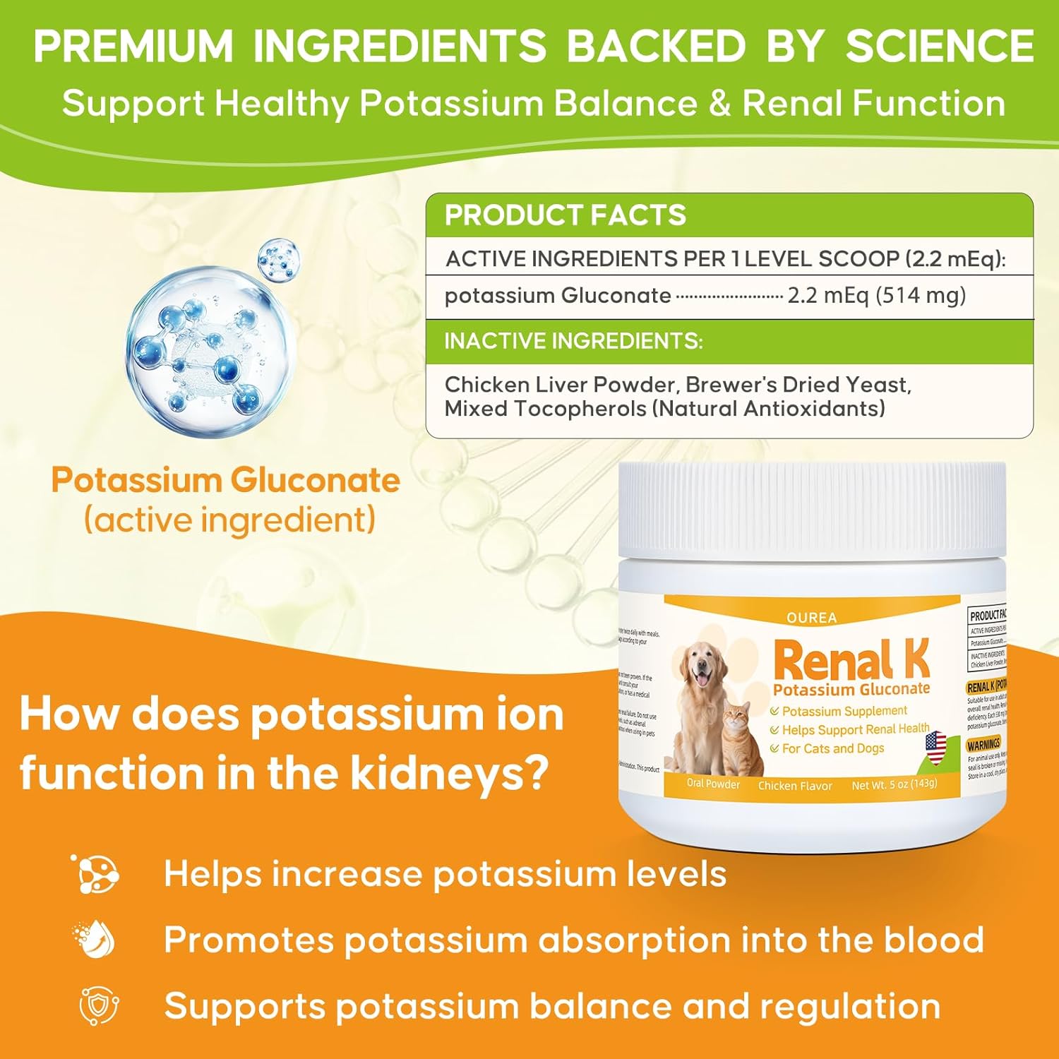 Renal K Potassium Gluconate for Dogs & Cats – 2.2 mEq per Scoop – Supports Kidney Function, Restores Potassium Levels – Boosts Energy – Muscle Strength – Vet-Recommended