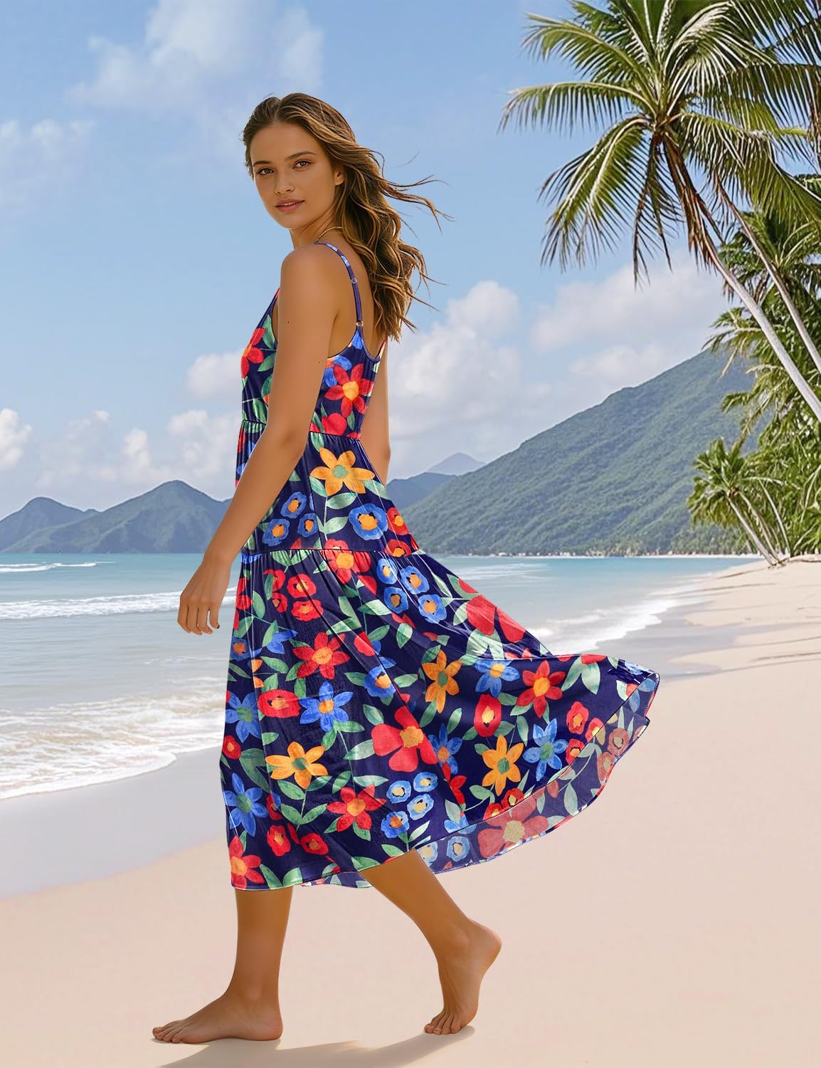 YESNO Women Summer Adjustable Spaghetti Strap Midi Sundress Boho Floral Casual Flowy Beach Dresses with Pockets ESS