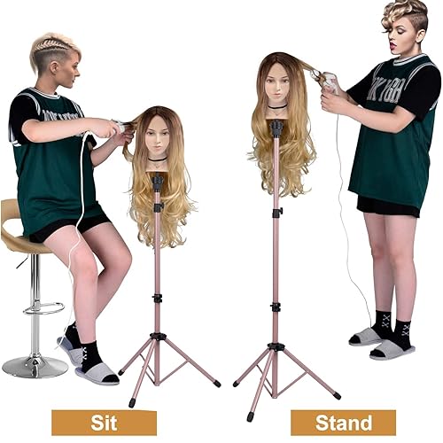 Miniatura 27 de Klvied Soporte reforzado para peluca, trípode y cabeza de maniquí, soporte ajustable para entrenamiento de peluquería cosmetología con T con gorras