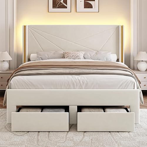 Miniatura 6 de Marco de cama tamaño completo con cajones de almacenamiento y cabecera con respaldo de ala, marcos de cama tamaño completo tapizados de terciopelo