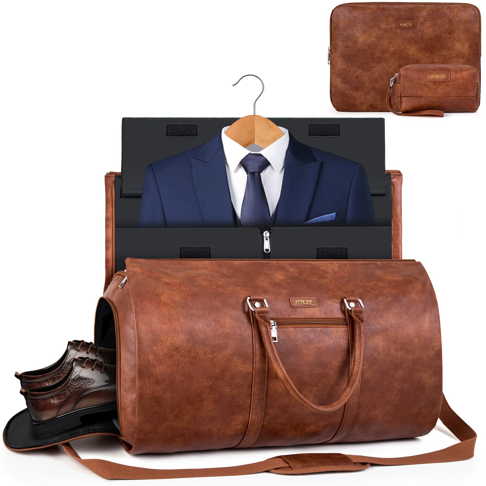 Garment Bag for Travel, Convertible Carry on Garment Duffel Bag for Men 3Pcs, Faux Leather Waterproof Large Weekender Bag for Men 2 in 1 Hanging Suitcase Suit Dress Business Travel Bag