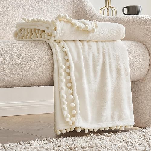 MIULEE - Manta de forro polar ultra suave y lujosa para cama, sofá o sillón, ligera, mullida, cálida, con bonitas borlas de pompón