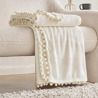 Fleece Blanket with Pompom Fringe, Soft Cozy Lightweight Flannel Bed Blanket Fuzzy Plush Warm Blanket with Boho Decorative Tassel for Couch Sofa, Throw Size 50"x60", Cream White