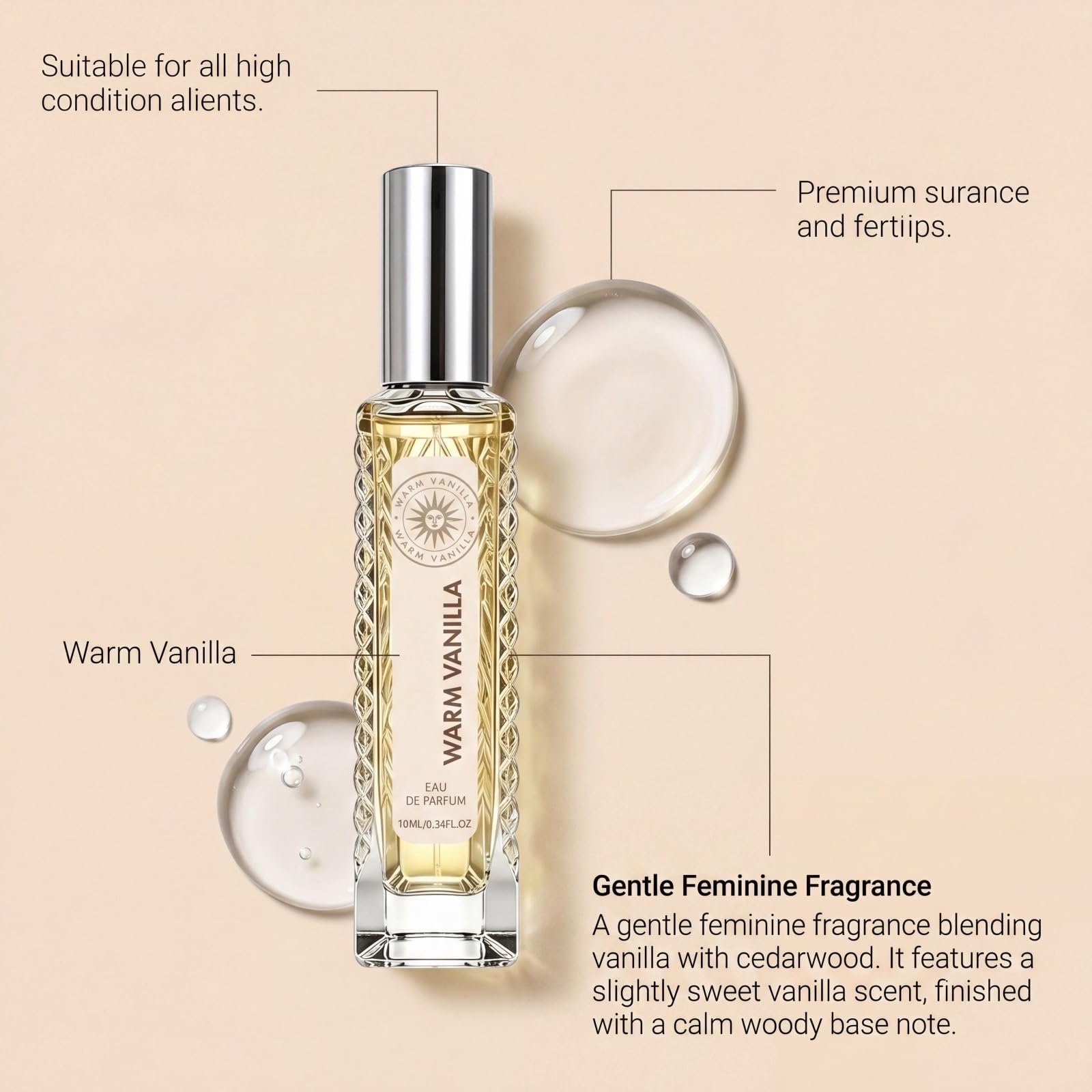 Eau de Parfum Warm Vanilla, 10 ml, warmer Vanilleduft, Mini-Format, für Reisen, weicher Duft, langer Halt, tragbarer Zerstäuber für Damen, Taschen-Duft für Alltag, Ausflüge und Reisen