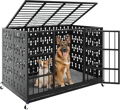 LEMBERI 48" Heavy Duty Indestructible Privacy Enclosed Dog Crate with Mat, 500lbs Capacity Escape Proof Dog Kennel, 36" Tall High Anxiety XL Metal Dog Cage with Lockable Wheels, Removable Tray, Black