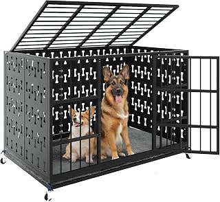 LEMBERI 48/42 inch Indestructible Heavy Duty Dog Crate, High Anxiety Extra Large Dog Cage for Large Dogs, XL Steel Escape Proof Dog Kennel with Cushion and Wheels (Black, 42.5''L*29.9''W*34.46''H)