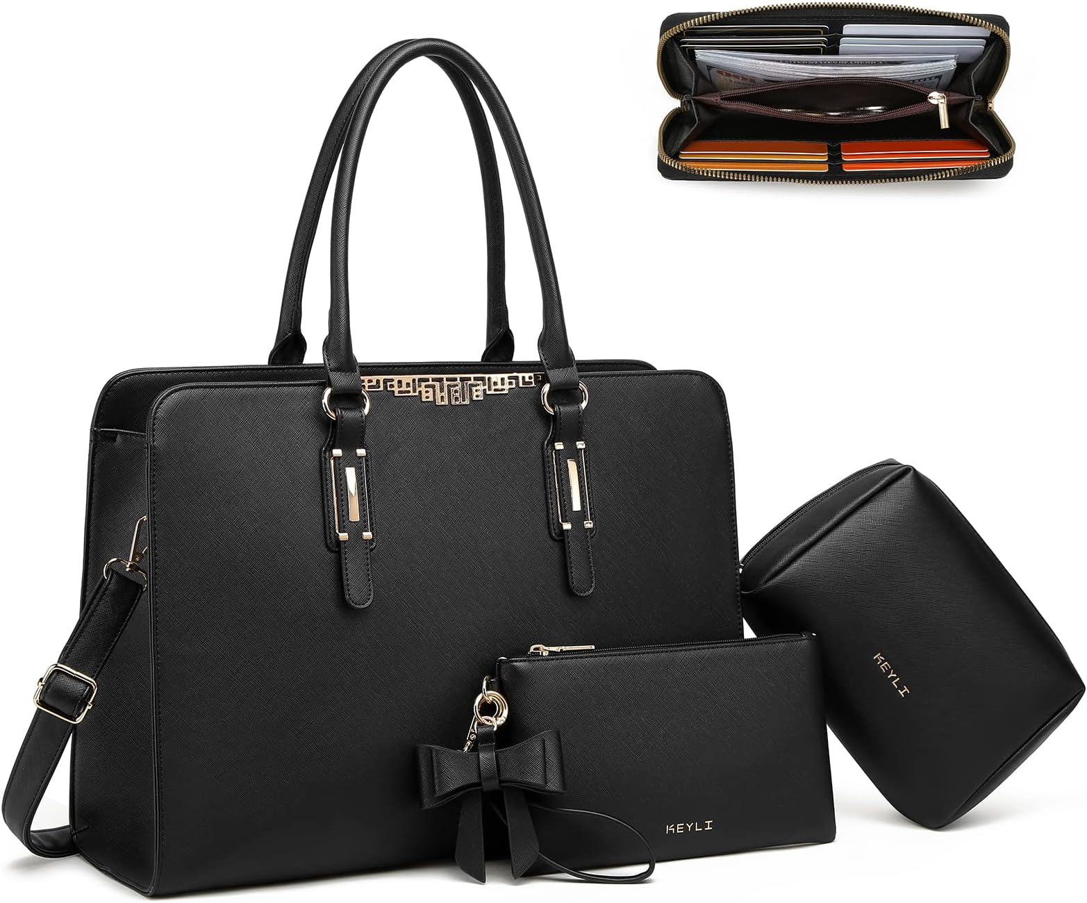 Keyli 4pc Sets Laptop Bag for Women Large Leather Laptop Briefcase with USB Charging Port Computer Shoulder tote Bags Purse