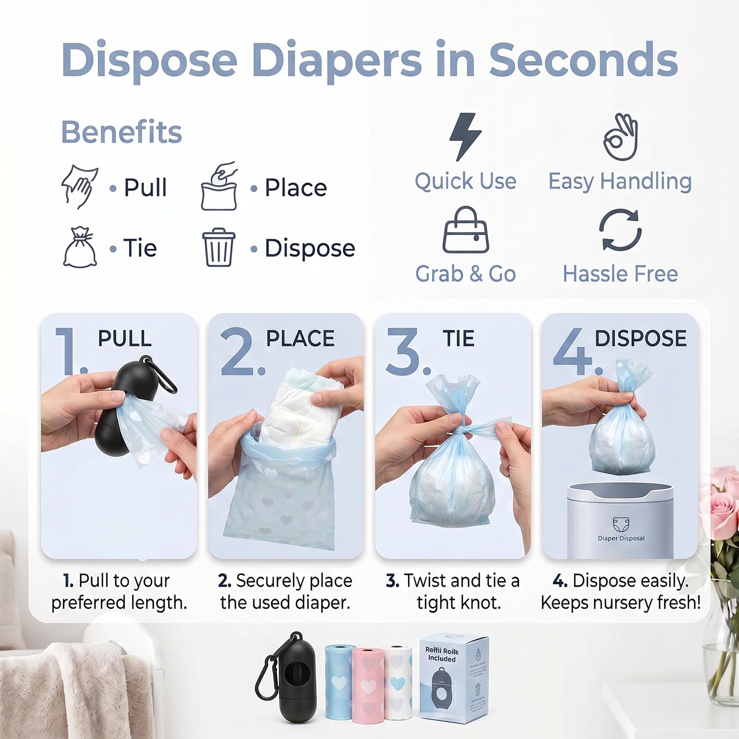 ZURATO Baby Diaper Disposable Bags with Dispenser, Waste Bags, Convenient and Quick Diaper Disposal, Unscented Leak & Odors Proof Diaper Trash Bags for Newborn Diapers (12 Roll + 1 Case) 4