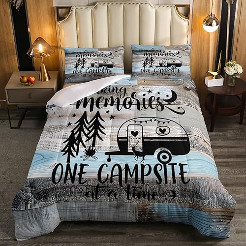 Miniatura 2 de Juego de edredón para niños, diseño de camping feliz, tamaño Queen, juego de ropa de cama de estilo campista para caravana, estilo vintage