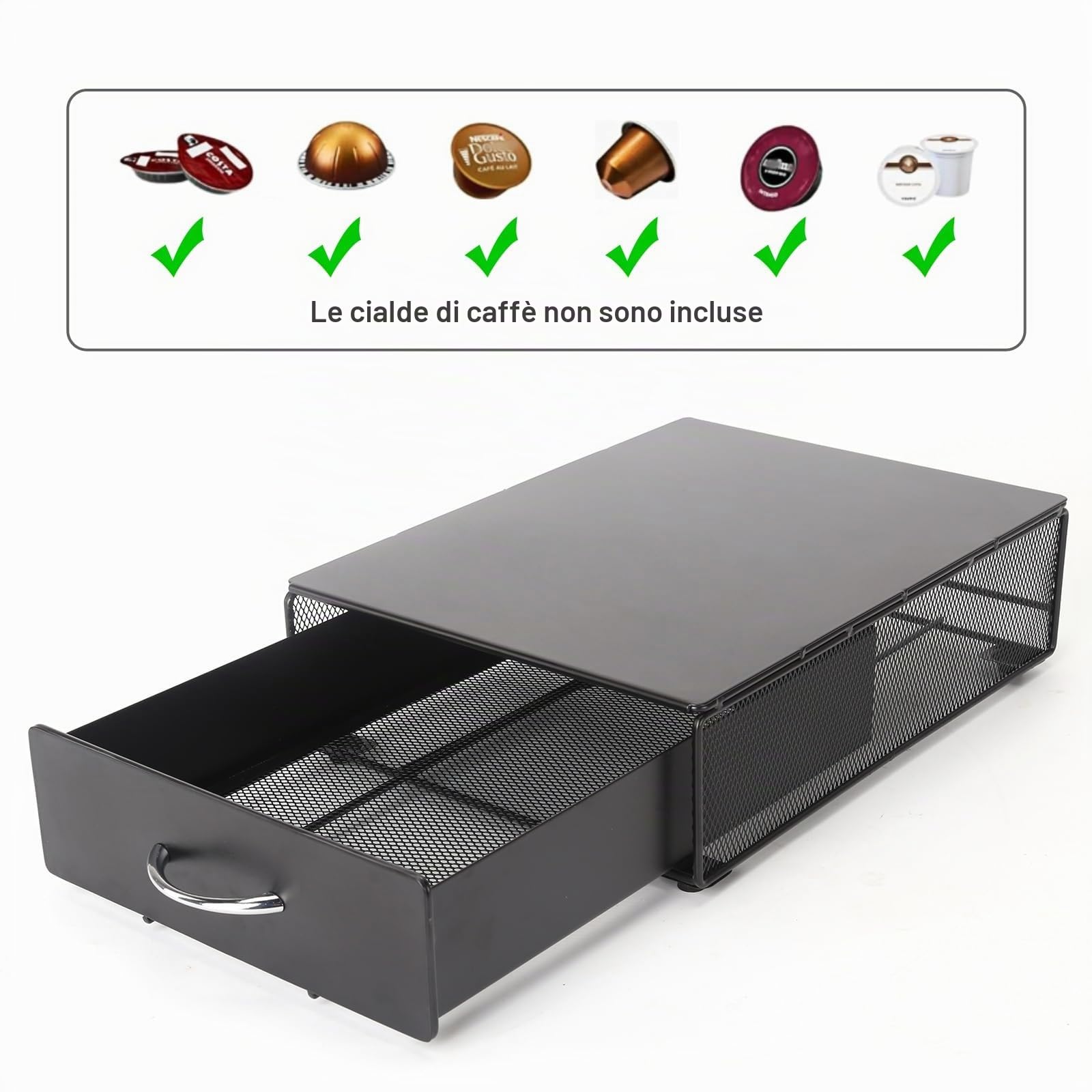 Portacapsule,Cassetto Porta Cialde e Capsule in Metallo,Ideale per Organizzare Caffè, Tè e Tisane.