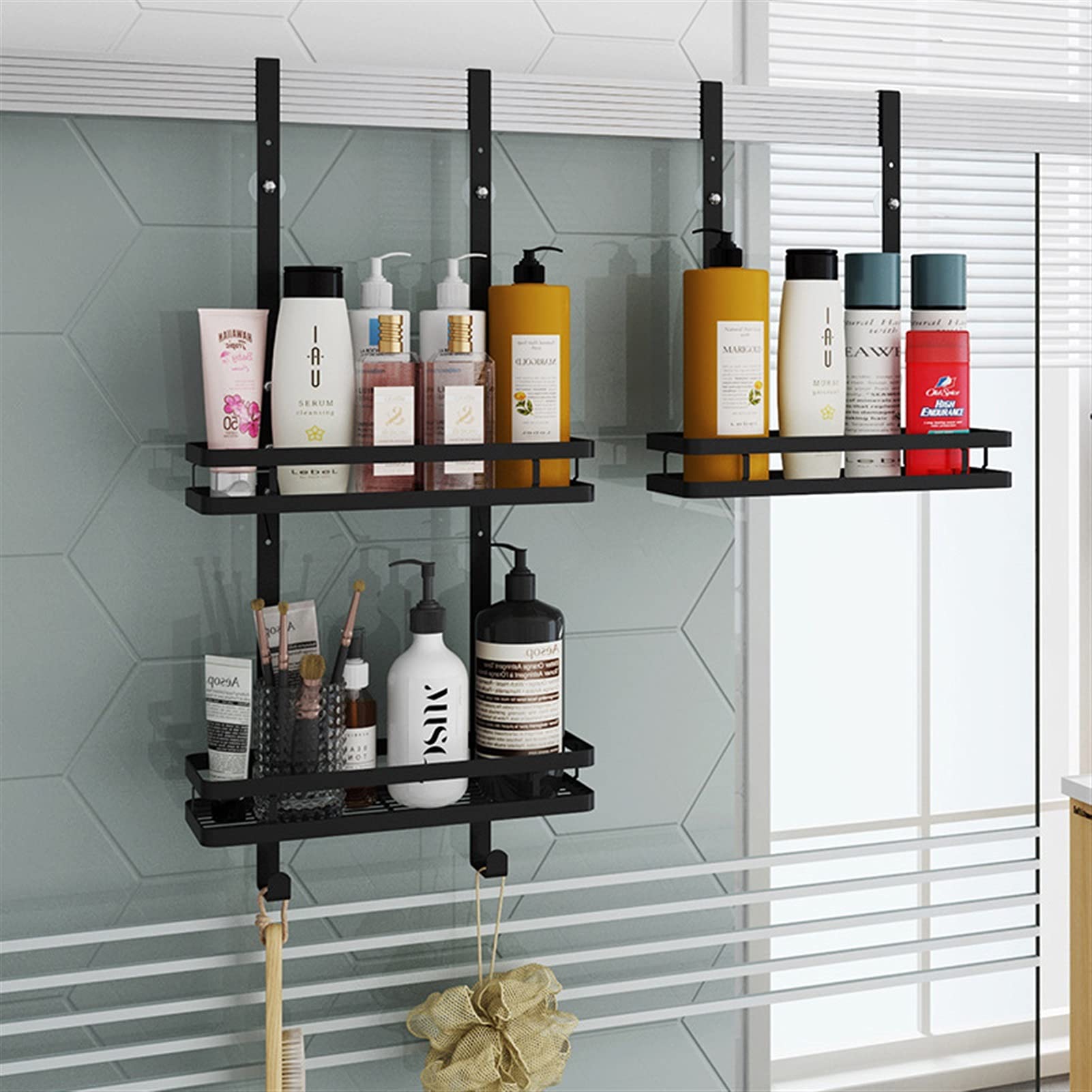 Estante de baño Estante de baño de Acero Inoxidable Montado en la Pared Mate Matte Black 2-Capa Ducha Puerta Cesta Colgante Canasta Almacenamiento Organizador Estante Accesorios de baño (Color : S)