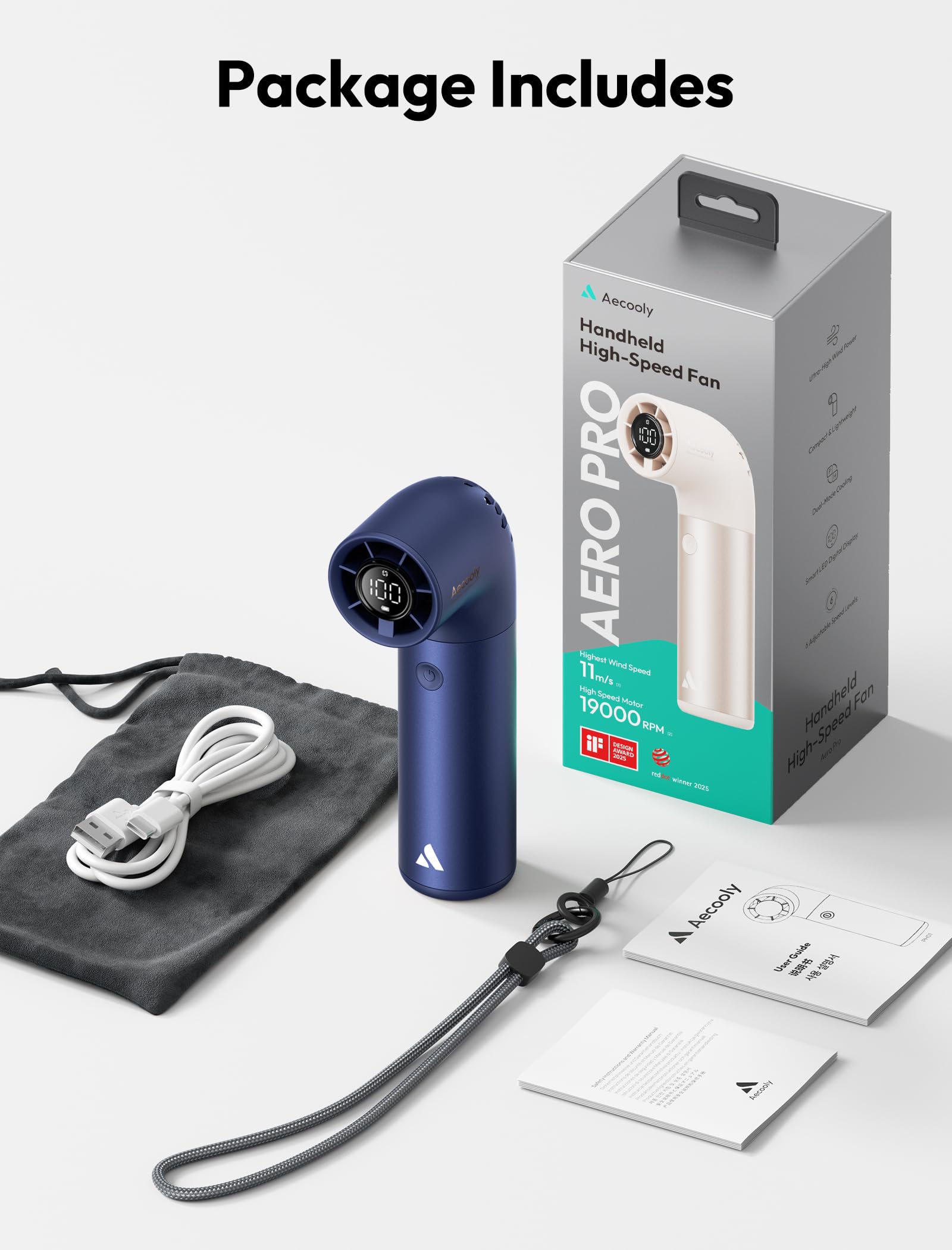 Aecooly Mini Ventilador de Mano, Potente Turbo Ventilador Portatil, 19000 RPM Aero Pro, Bateria Recargable 15H de Duración, 6 Velocidades, Bolsillo Pequeño Viajes Regalo para Mujeres-Azul