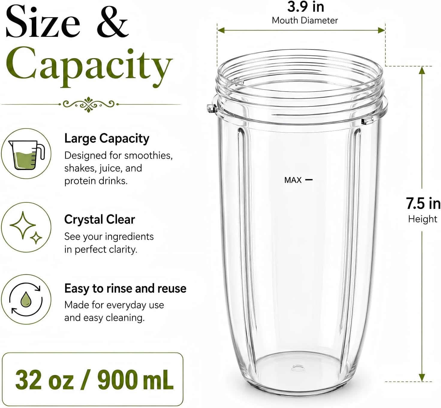 3-Pack 32oz Replacement Cups for Single Serve Blender, Large Capacity Blender Cups Compatible with NutriBullet 600W 900W Series, Thick & Durable
