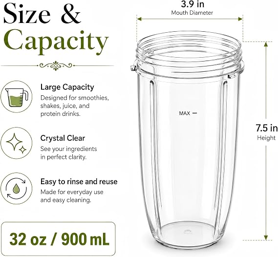 3-Pack 32oz Replacement Cups for Single Serve Blender, Large Capacity Blender Cups Compatible with NutriBullet 600W 900W Series, Thick & Durable