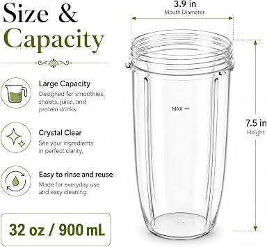 3-Pack 32oz Replacement Cups for Single Serve Blender, Large Capacity Blender Cups Compatible with NutriBullet 600W 900W Series, Thick & Durable