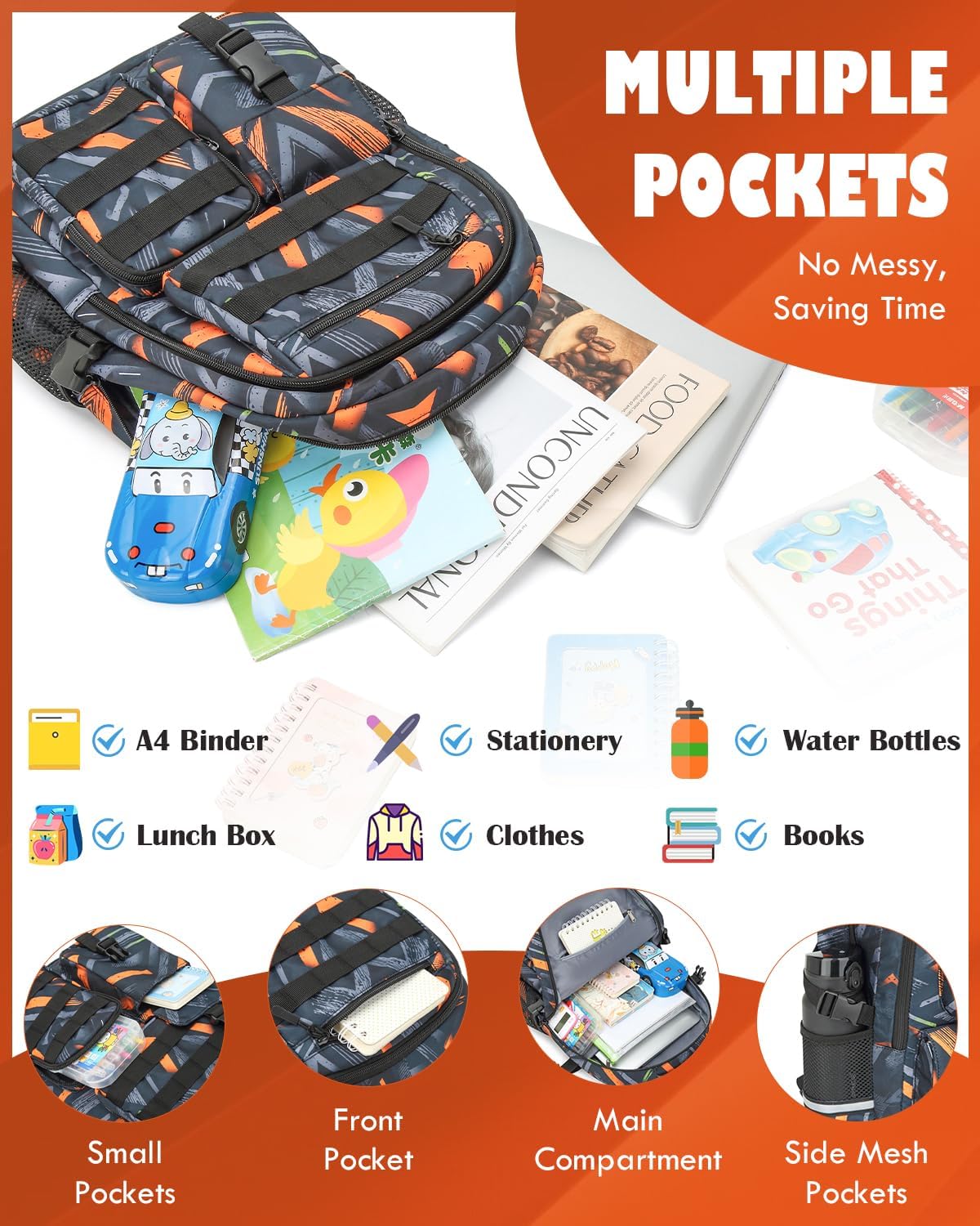 School Backpack for Boys Lightweight Bookbag for Kids Children Teens Elementary Middle School, Camo Boys Backpacks Back to School Gifts, Orange Line