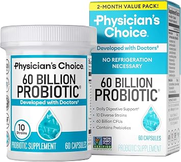 Physicians CHOICE Probiotics 60 Billion CFU - 10 Strains + Organic Prebiotics - Immune, Digestive & Gut Health - Supports Occasional Constipation, Diarrhea, Gas & Bloating - for Women & Men - 60ct
