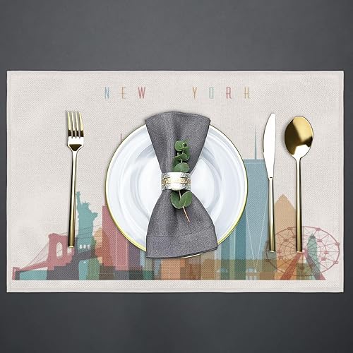 Miniatura 4 de New York Cartoon Buildings - Juego de 6 manteles individuales cuadrados de tela para mesa de cocina, resistentes al calor, fáciles de limpiar,