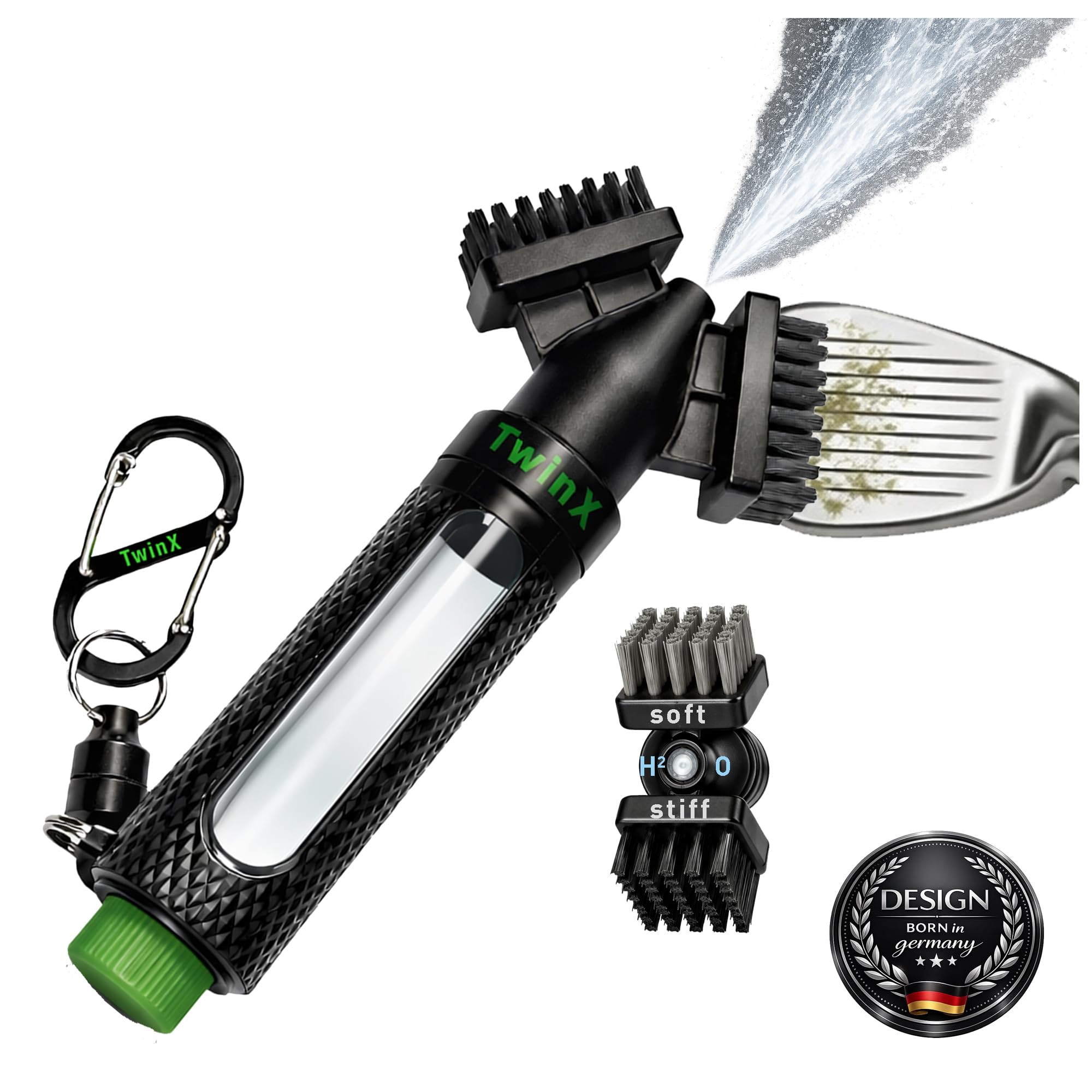 Spazzola da golf Premium con serbatoio dell'acqua e funzione spray, nuovo sistema a doppia setole adatto per tutte le mazze da golf, spazzola per mazza da golf, magnete e moschettone per borsa da golf