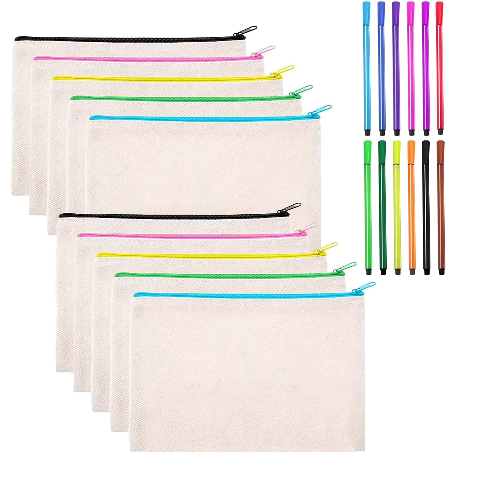 M&J DELEE DIY Craft Bag,DIY Blank Fabric Bag,Canvas Zipper Pouch Bags,Travel Toiletry Bag,Suitable for Children to Paint DIY,Cosmetic Bags with Zip(10 pieces pack + 12 pens)