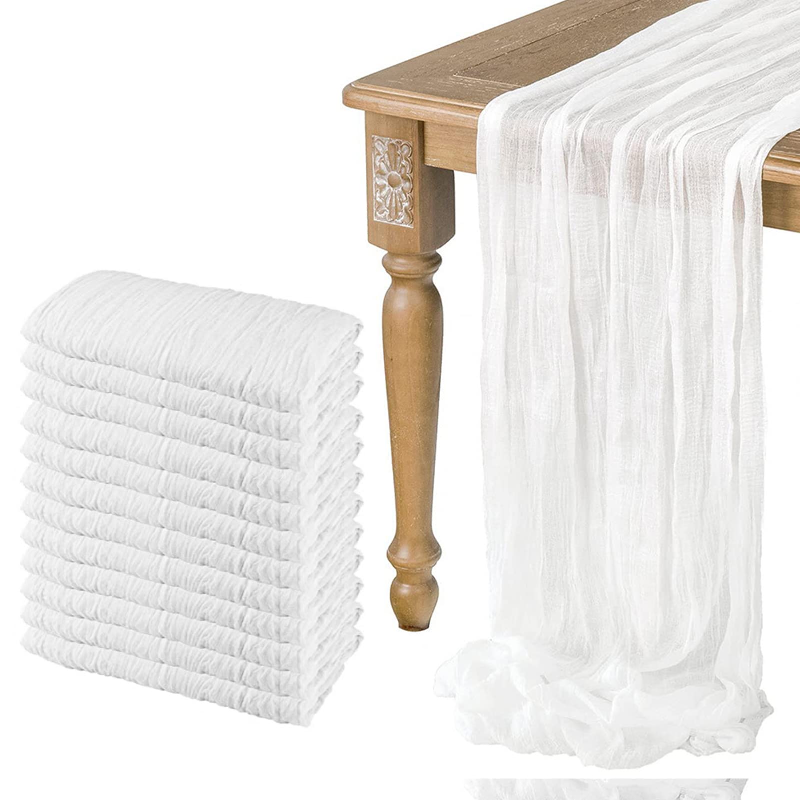 12 Pack Cheesecloth Table Runner, 10ft Rustic Sheer Runner Gauze Tablecloth Boho Wedding Decor Romantic Table Runner for Wedding Bridal Shower Birthday Party(35" x 118") (White)