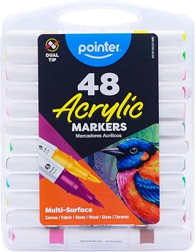 Pointer Acrylic Paint Markers 24 Dual Tip Markers 48 Colors, Brush & Fine Tip, Multi-Surface Paint Pens for Rock Painting, Canvas, Wood, Glass, Ceramic & Fabric