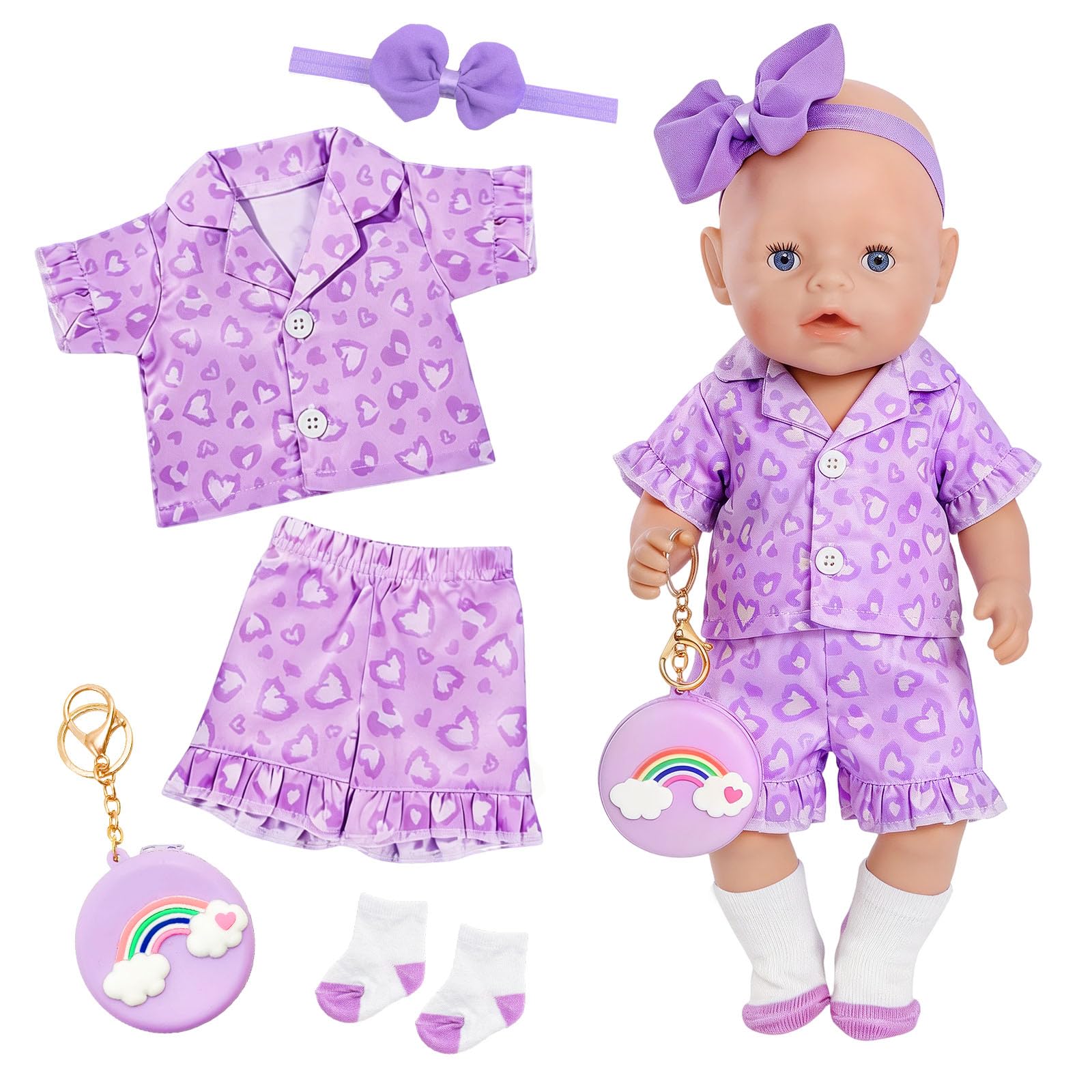 Baby Doll Clothes for 35-45cm Dolls, Baby Doll Accessories, 5 PCS Purple Heart Frill Pyjamas Set, Baby Doll Accessories, Short Sleeve Nightwear Outfits for Dress Up Fun, Ideal Present for Girls