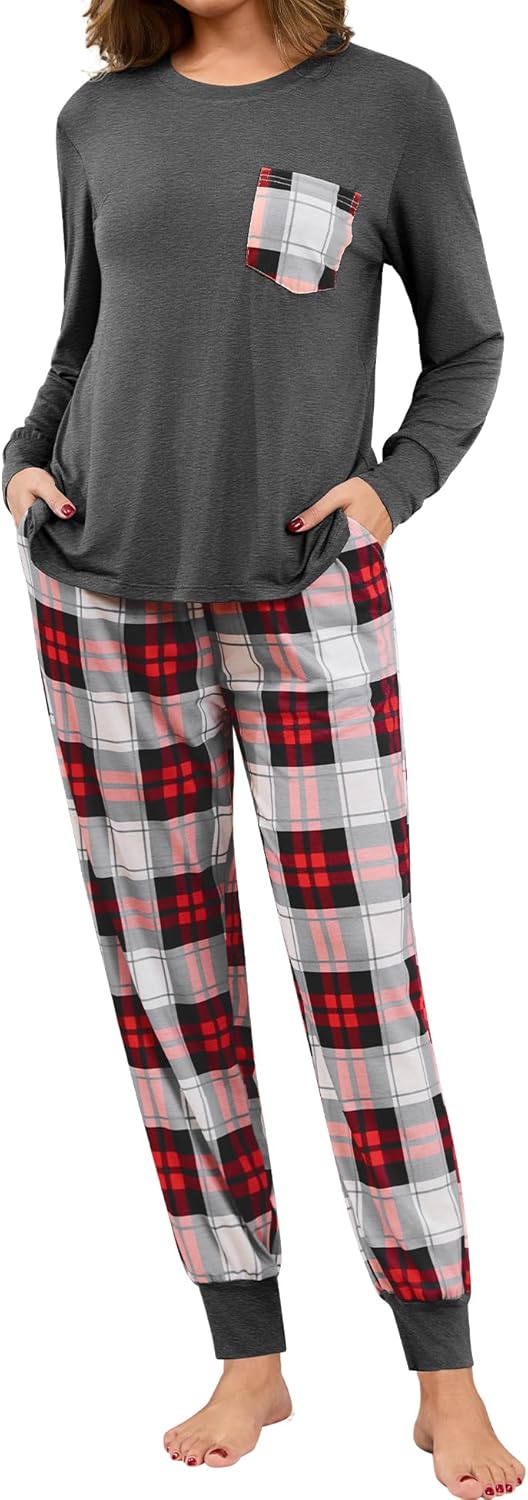 SWOMOG Women Christmas Pajamas Sets Buffalo Plaid Pajama Pants with Pockets Long Sleeve Tops Loungewear Set