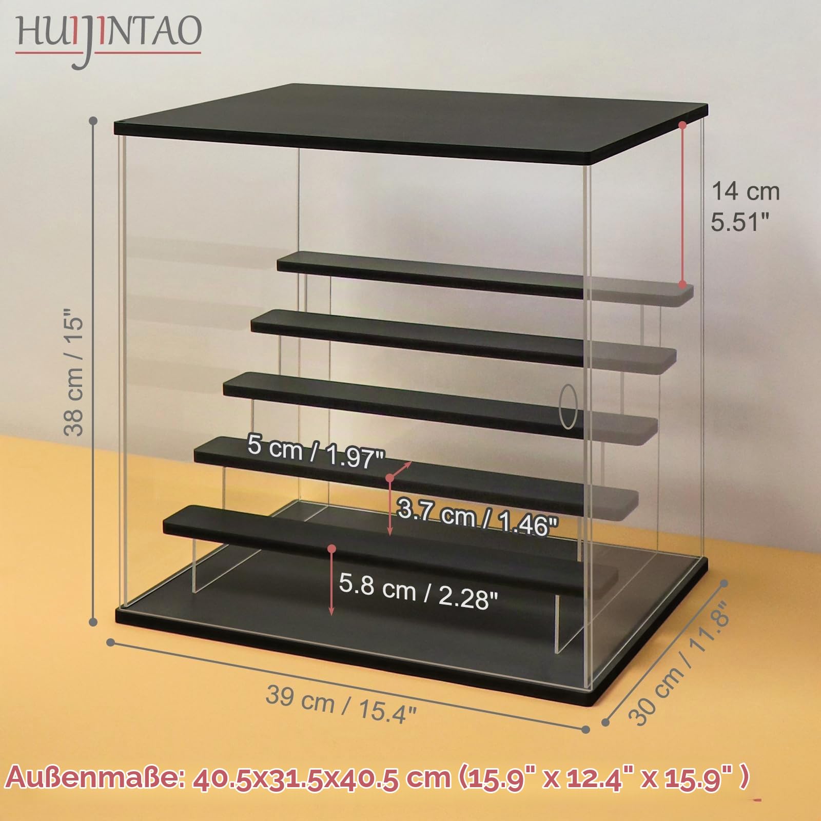 Acryl Vitrine mit LED Beleuchtung, Schaukasten für Figuren 39x30x38 cm | Display Case mit 3 Leuchtungsmode, Helligkeit einstellbar, Vitrine mit Tür und 5 Ablagen, Schwarz-sockel