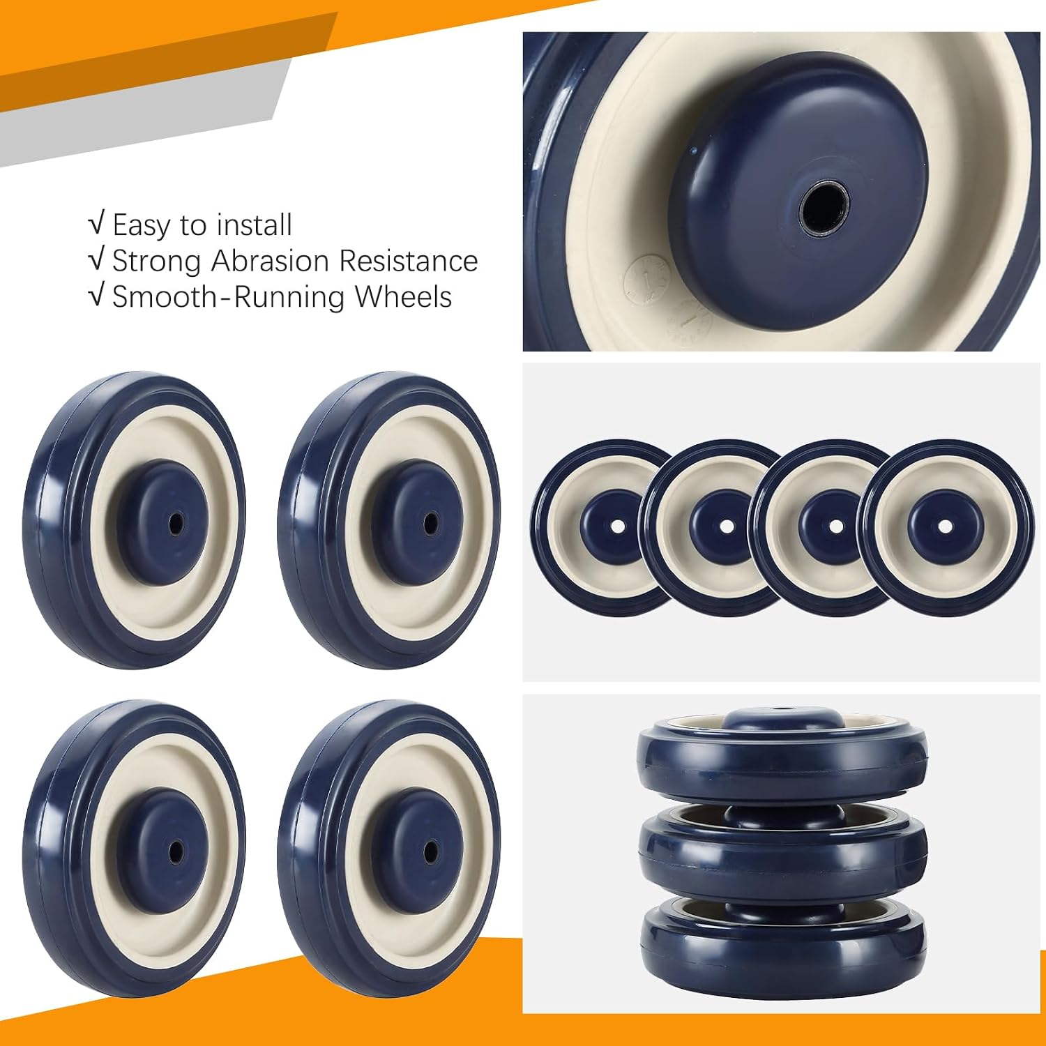 12 Pack Caster Wheels Replacement Kit, 4 Pack Shopping Cart Replacement 5-inch Diameter Wheels with Axles Bolt, 8PCS 5 Inch Caster Wheels Replacement Kit TRP Rubber 4 Swivel & 4 Rigid 5" Casters image 4