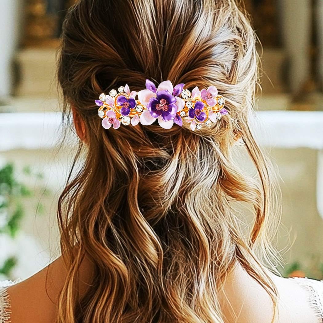 Jovono Flower French Hair Barrettes Gold Floral Wedding Hair Clips Crystal Vintage Hair Accessories for Women (2PCS) (Purple+Blue) - Image 4