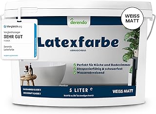 derendo Latexfarbe weiß matt abwaschbar 5L für Innen Küche Badezimmer streichen weiße Wandfarbe hohe Deckkraft