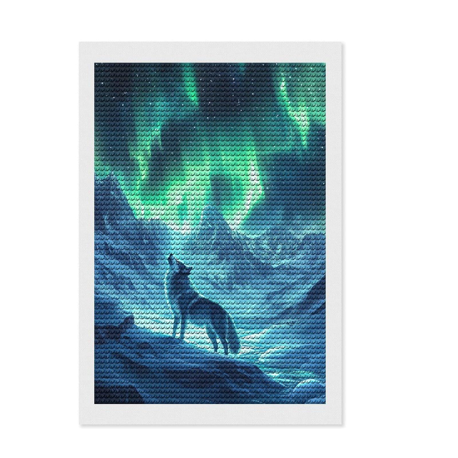 Junmoney Wolf Under Aurora Borealis Diamond Painting Canvas Kit 8"x12", Winter Craft, Christmas Gift, Aesthetic Room Decor, Canvas Picture