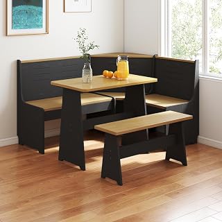 Breakfast Nook Corner L-Shape Kitchen Dining Table Bench Chair Set, Solid Wood,Space-Saving 3-4 Seat for Family Home Black Wood
