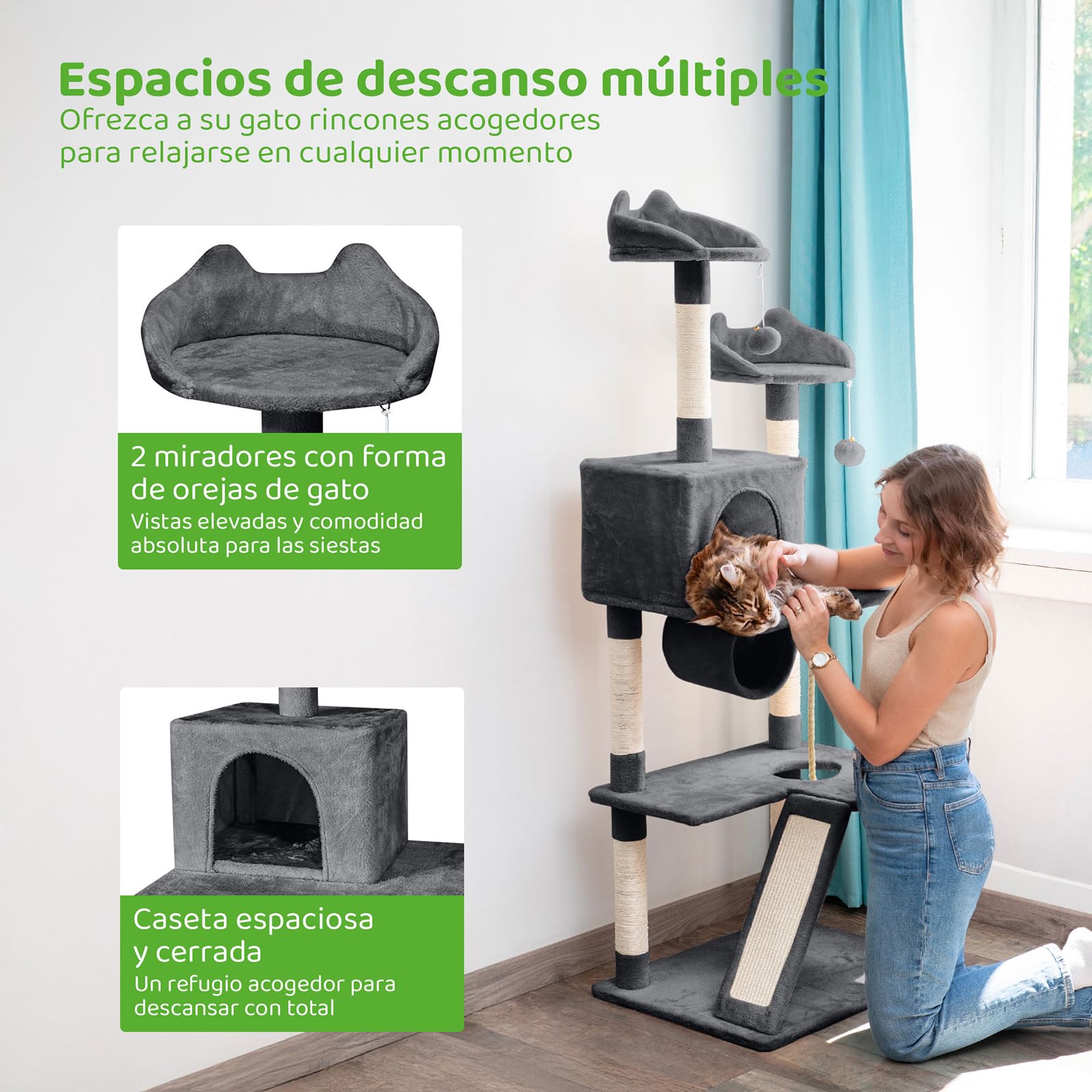 Árbol para Gatos XL, rascador para Gatos, Plataformas, caseta, Hamaca, Pelotas, columnas de sisal, Felpa, Altura 150 cm, Gris Oscuro, garantía de 5 años