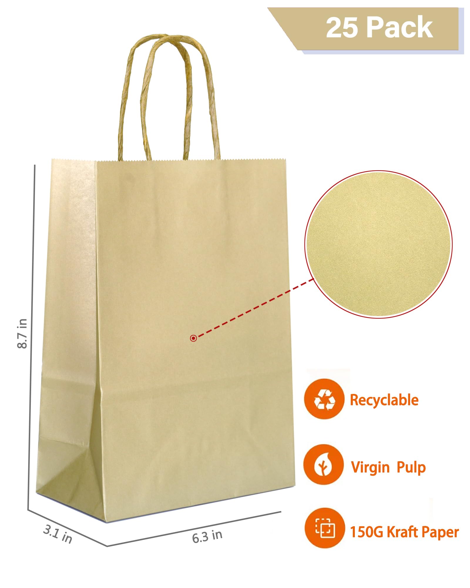 AZOWA Gold Gift Bags Small Kraft Paper Bags with Handles (16 X 8 X 22 CM, Matte Gold, 25 Pcs), SM (Pack of 25) - Image 2