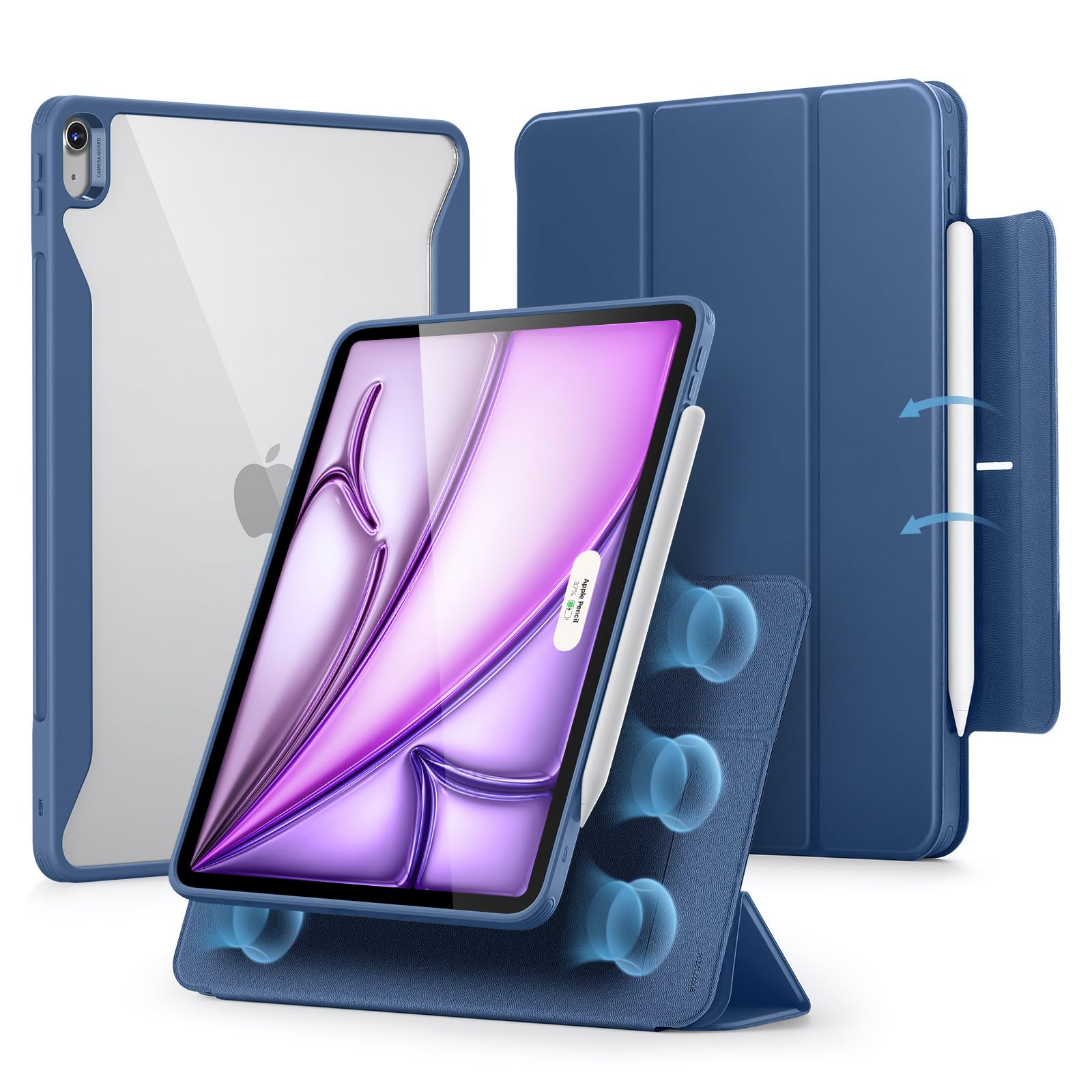 ESR iPad Air 13インチ ケース M4/M3/M2（2026/2025/2024）対応 着脱式マグネットカバー 分離式デザイン 単体使用可能 縦横対応 多角度スタンド 自動スリープ/ウェイク Pencil Pro/USB-C対応 ネイビー・ブルー
