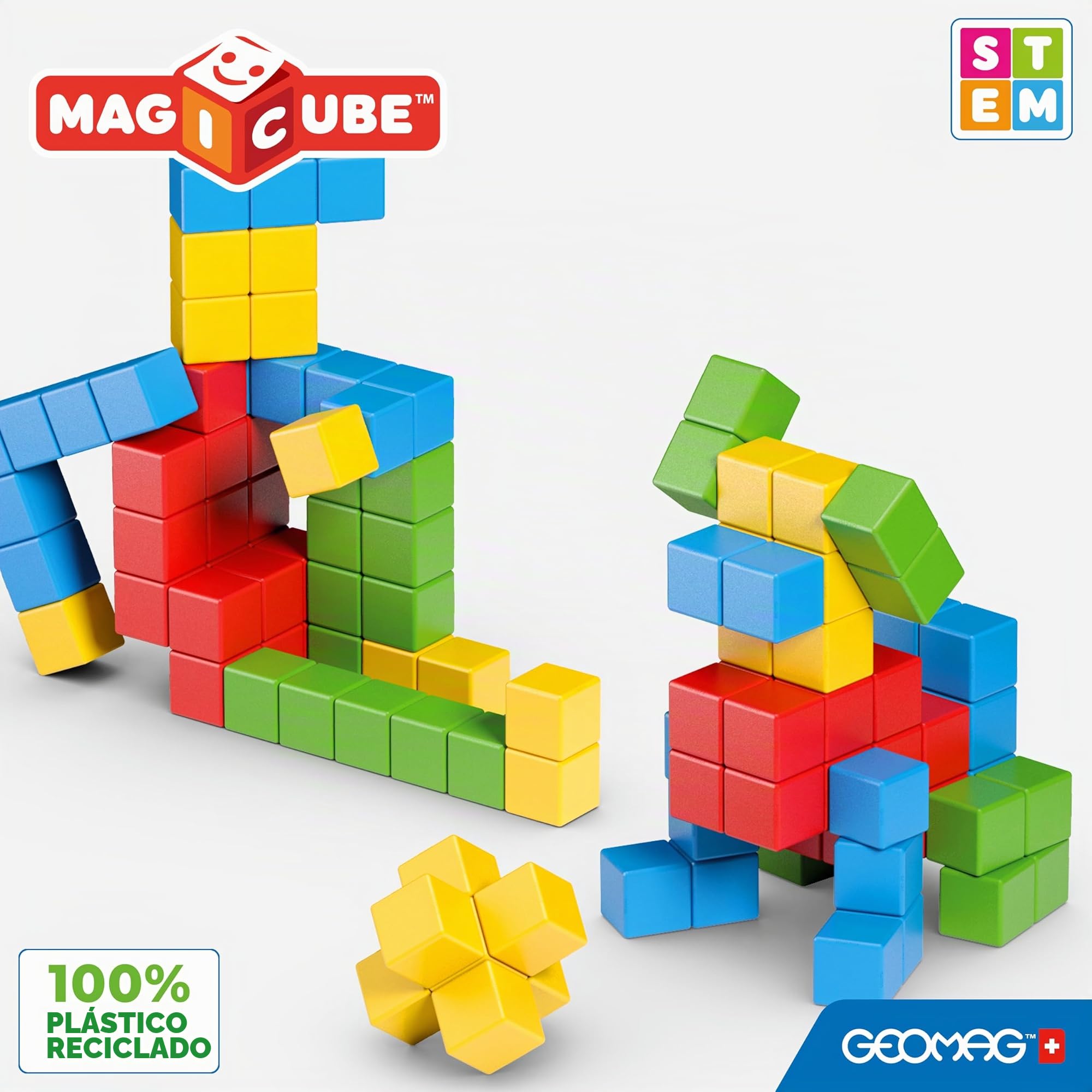 Geomag Magicube Full Color, Bloques de Construcción Magnéticos para Niños a Partir de 1 Año – Juego de 64 Bloques de 4 Colores Hechos de Plástico 100% Reciclado