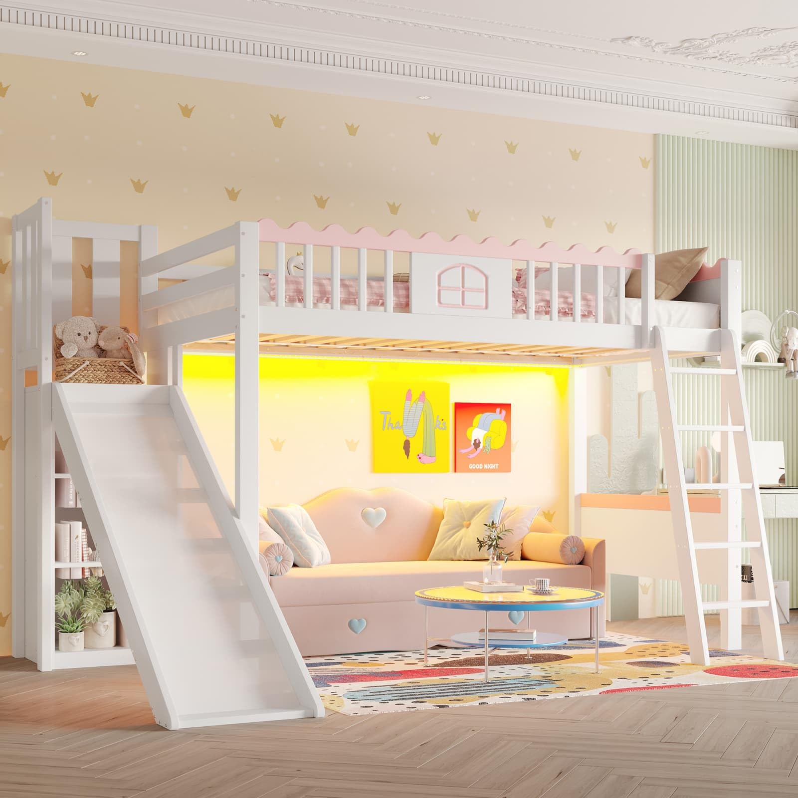 PUGSDRLY Lit Mezzanine 1 Place avec Toboggan et étagères,Lit Mezzanine Fille 90x200cm avec éclairage LED,Cadre en Bois de Pin,Enfant,Certifié EN747,Blanc (Blanc-B)