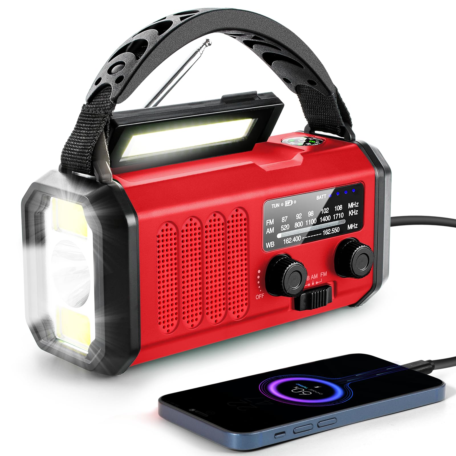 Emergency Hand Crank Radio with 10000mAh/37000mWh Battery Backup, NOAA/AM/FM Weather Radio, Type-C Charge,Solar Charging,SOS, 3 Modes LED Torch, Reading Lamp, Compass for Outdoor Survival Red-image-31