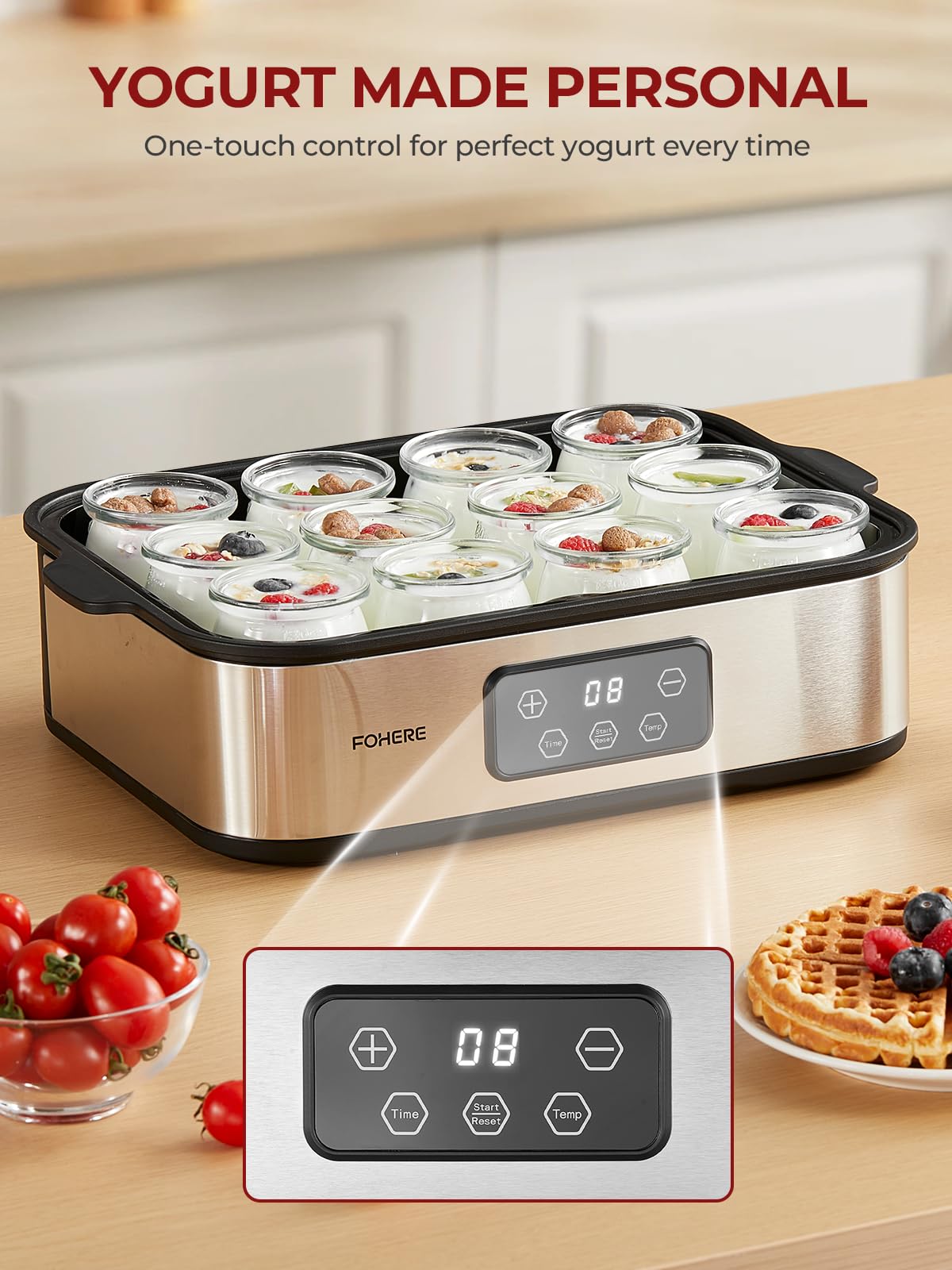 FOHERE Yogurtiera Elettrica con LCD Display, 12 Vasetti da 180 ml in Vetro, Timer 48 Ore e Controllo Costante Della Temperatura, BPA Free, Yogurt Greco, Ideale per Yogurt Fatti In Casa