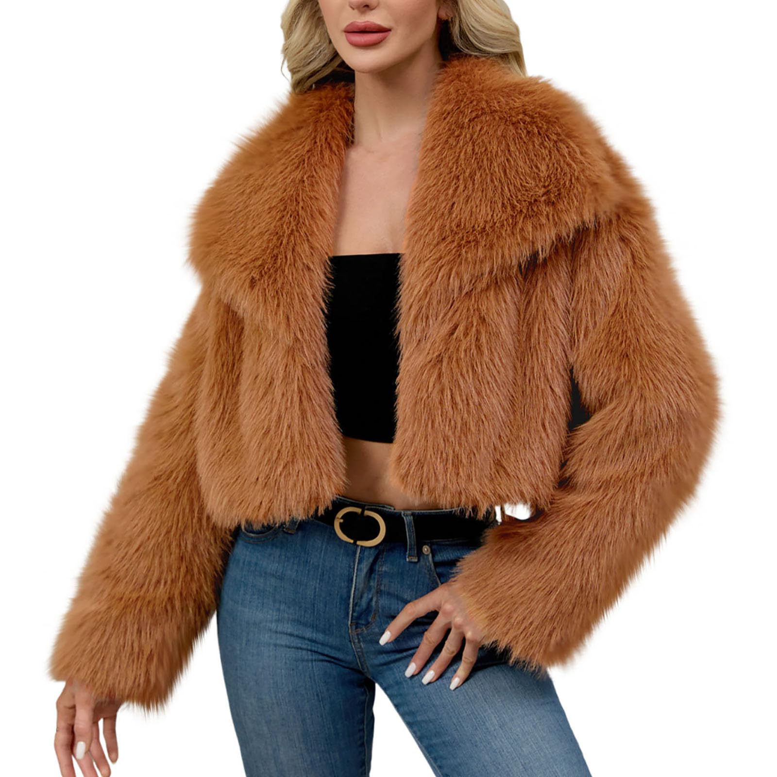 Dyhxuan Women's Orange Fur Coat Short Fluffy Plush Jacket Faux Fur Winter Jacket Cropped Faux Fur Jacket Elegant Lapel Winter Coat Warm Faux Fur Coat Long Sleeve Fur Coat, Xxl